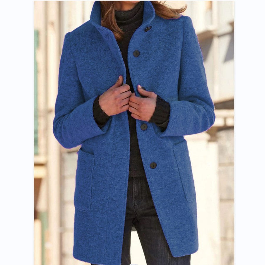 Manteau Femme Col Montant en Laine avec Poches