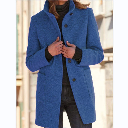 Manteau Femme Col Montant en Laine avec Poches