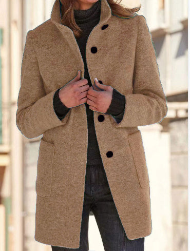 Manteau Femme Col Montant en Laine avec Poches