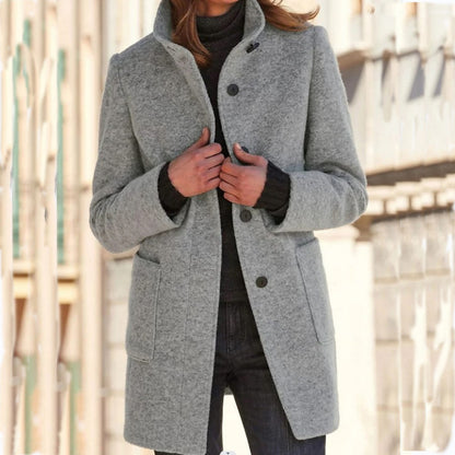 Manteau Femme Col Montant en Laine avec Poches