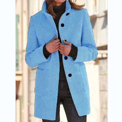 Manteau Femme Col Montant en Laine avec Poches