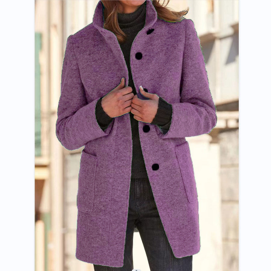 Manteau Femme Col Montant en Laine avec Poches