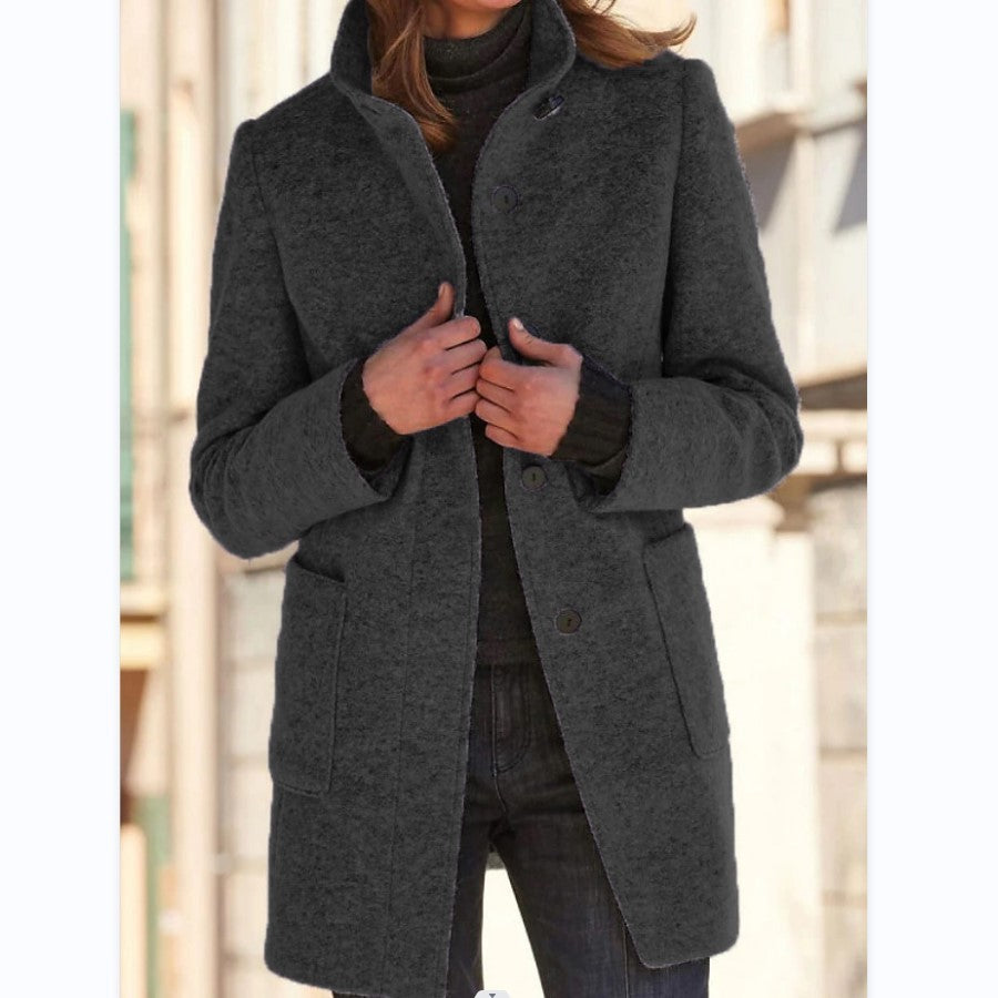 Manteau Femme Col Montant en Laine avec Poches