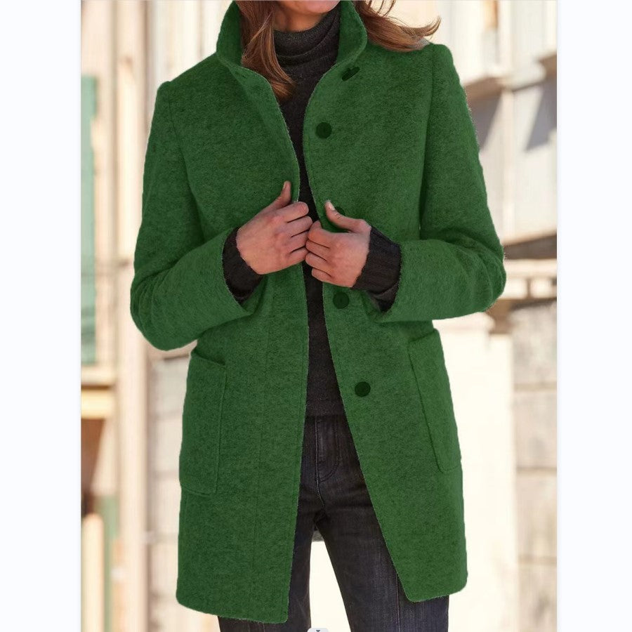 Manteau Femme Col Montant en Laine avec Poches