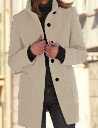 Manteau Femme Col Montant en Laine avec Poches