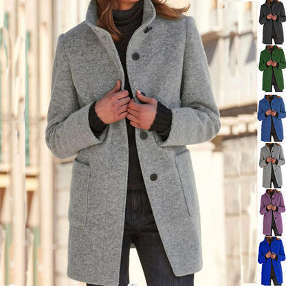 Manteau Femme Col Montant en Laine avec Poches