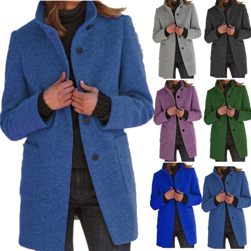 Manteau Femme Col Montant en Laine avec Poches