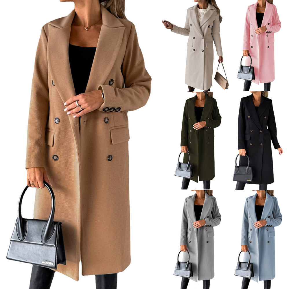 Long Sleeve Lapel Coat Winter Fashion Solid Double Breasted Slim Long Jacket Womens Clothing